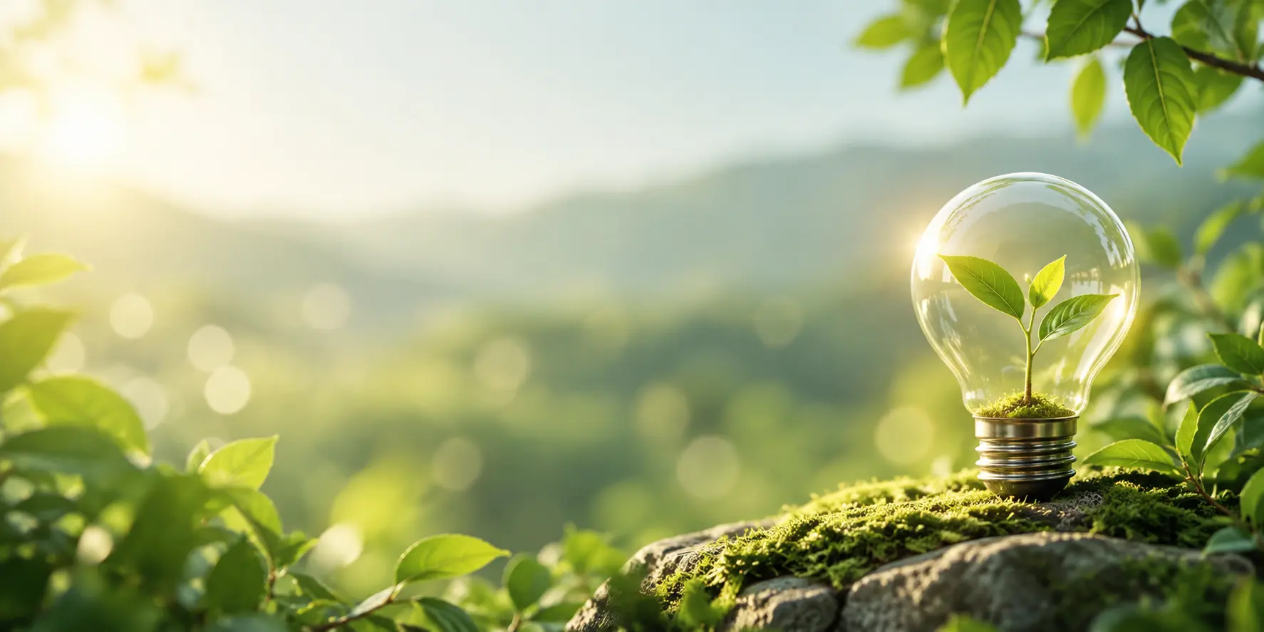 Bombilla ecológica sobre musgo, símbolo del ahorro energético